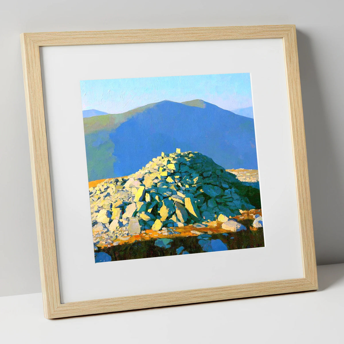 Sunlit Haycock Summit Cairn lake district fell art print in natural frame
