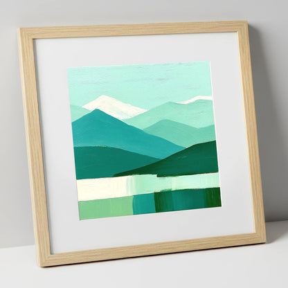 Abstract Teal Scafell Pike lake district fell art print in natural frame