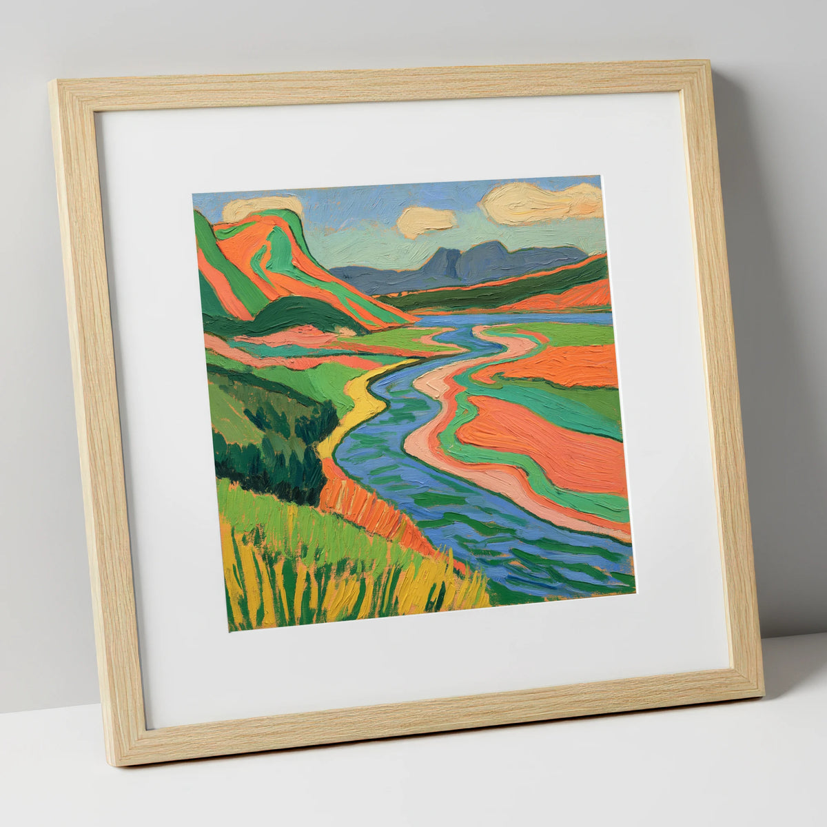 Bold Winding River and Fells lake district waterfall art print in natural frame