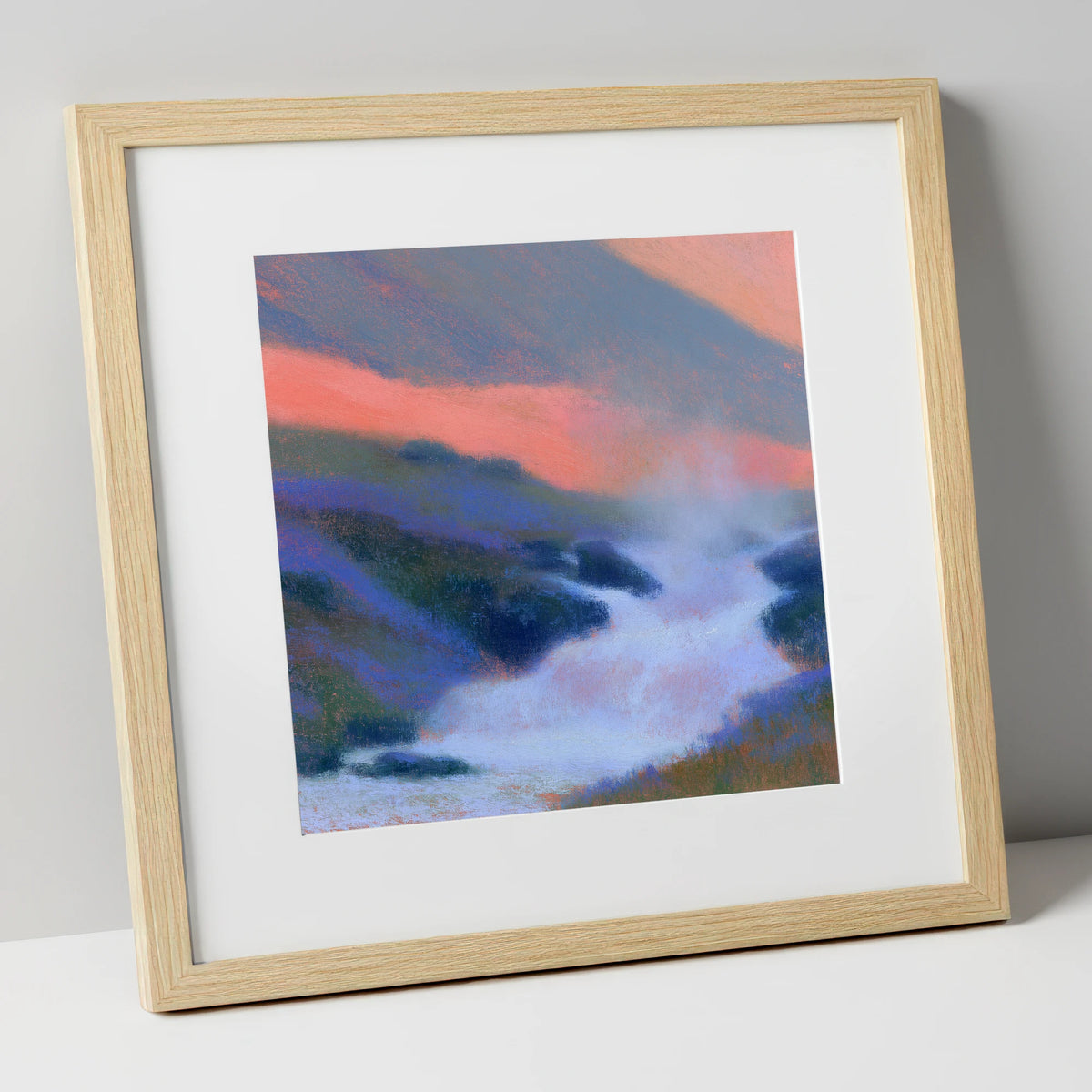 Pink Twilight Over Fellside Beck lake district waterfall art print in natural frame