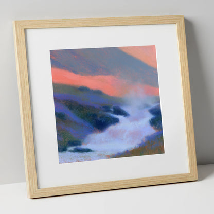 Pink Twilight Over Fellside Beck lake district waterfall art print in natural frame