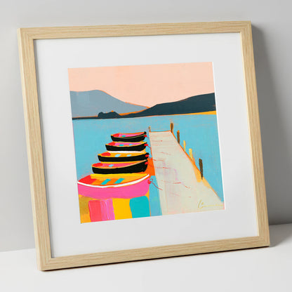 Vibrant Moored Boats on Windermere lake district lake art print in natural frame
