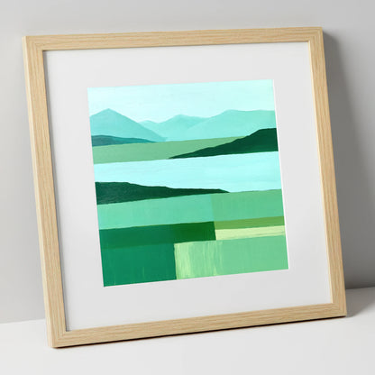 Coniston Water in Abstract Green lake district village art print in natural frame