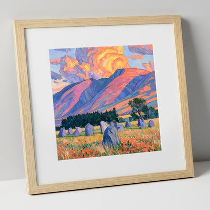 Standing Stones Below Fiery Blencathra lake district fell art print in natural frame