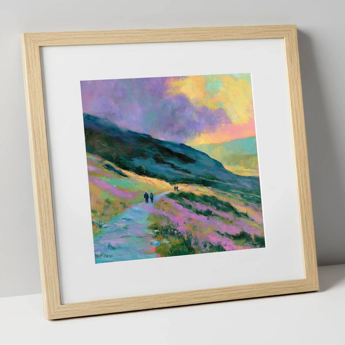 Walkers on Pastel Mountain Path lake district walking art print in natural frame