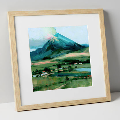 Teal Mountain Above Lakeside Hamlet lake district fell art print in natural frame