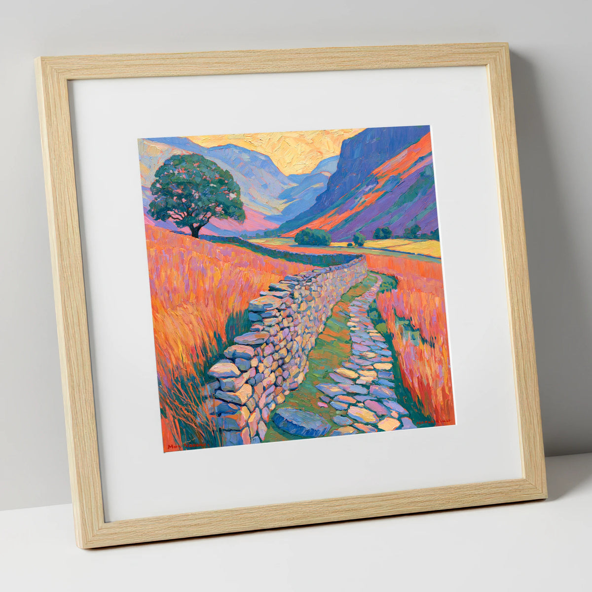Drystone Wall Through Golden Valley lake district valley art print in natural frame