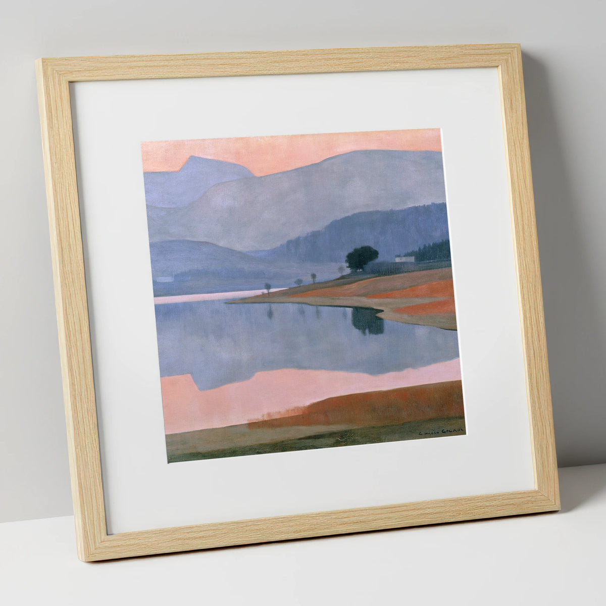 Lavender Fells and Still Lake lake district lake art print in natural frame