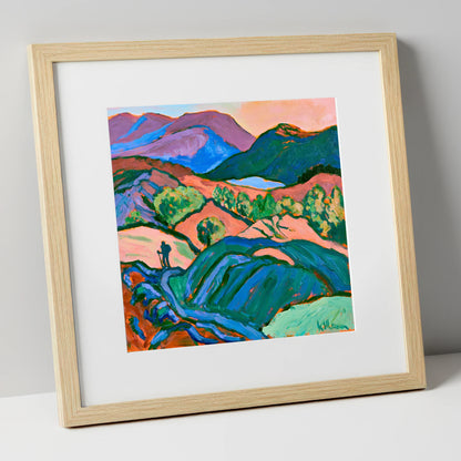 Hiker Silhouette in Vibrant Fells lake district walking art print in natural frame