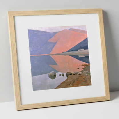 Still Lake beneath Dusk Pink Fells lake district lake art print in natural frame