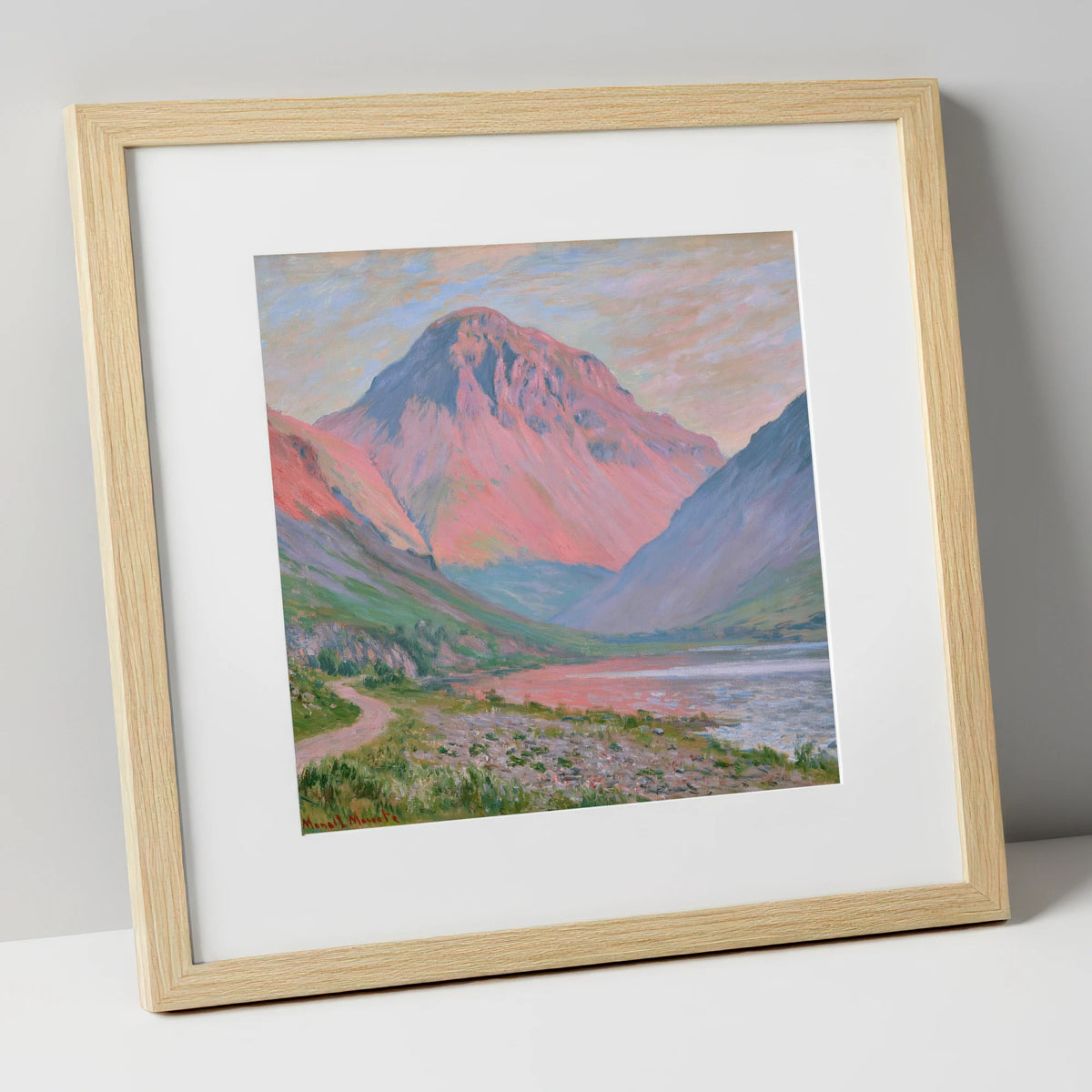 Pink Light Over Great Gable lake district fell art print in natural frame