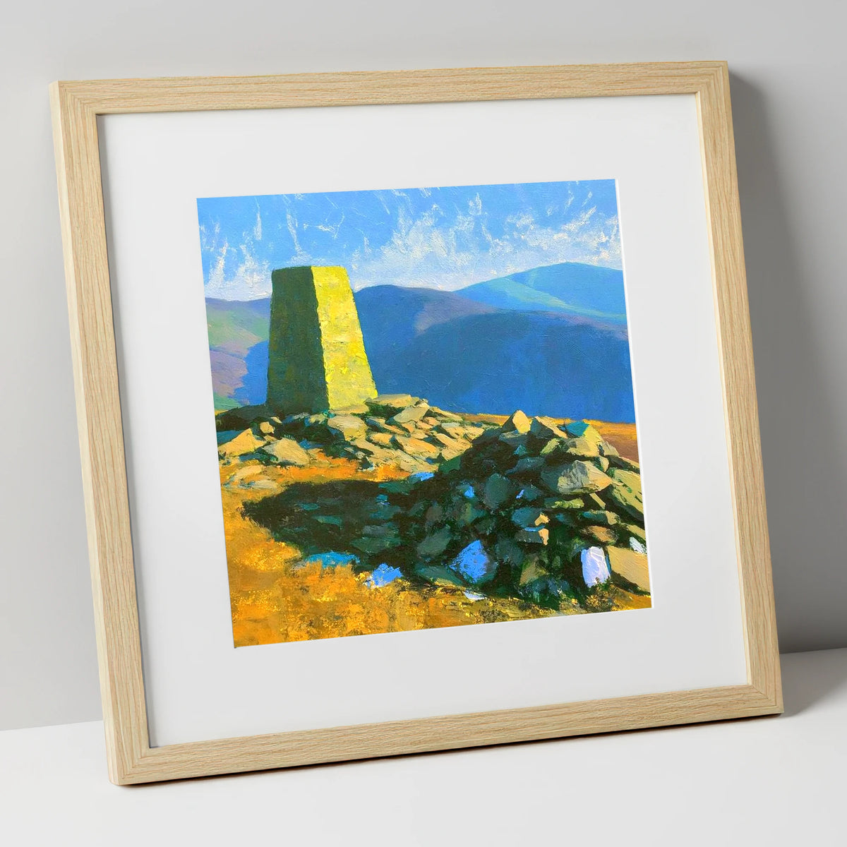 Sunlit Binsey Summit Trig Pillar lake district fell art print in natural frame