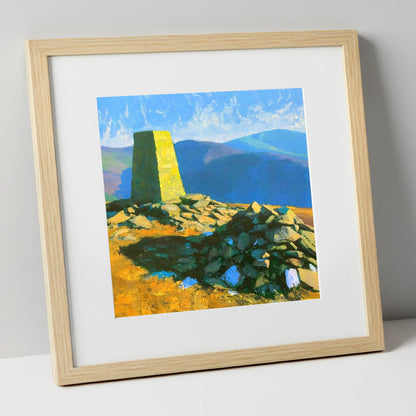 Sunlit Binsey Summit Trig Pillar lake district fell art print in natural frame