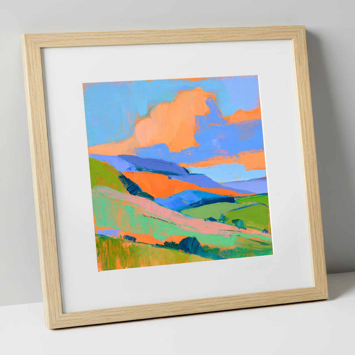 Orange Clouds Over Rolling Fells lake district fell art print in natural frame