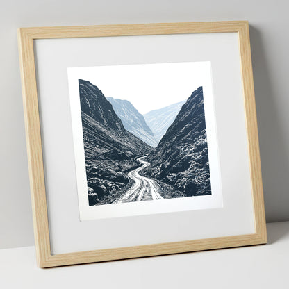 Honister Pass in Bold Navy lake district valley art print in natural frame