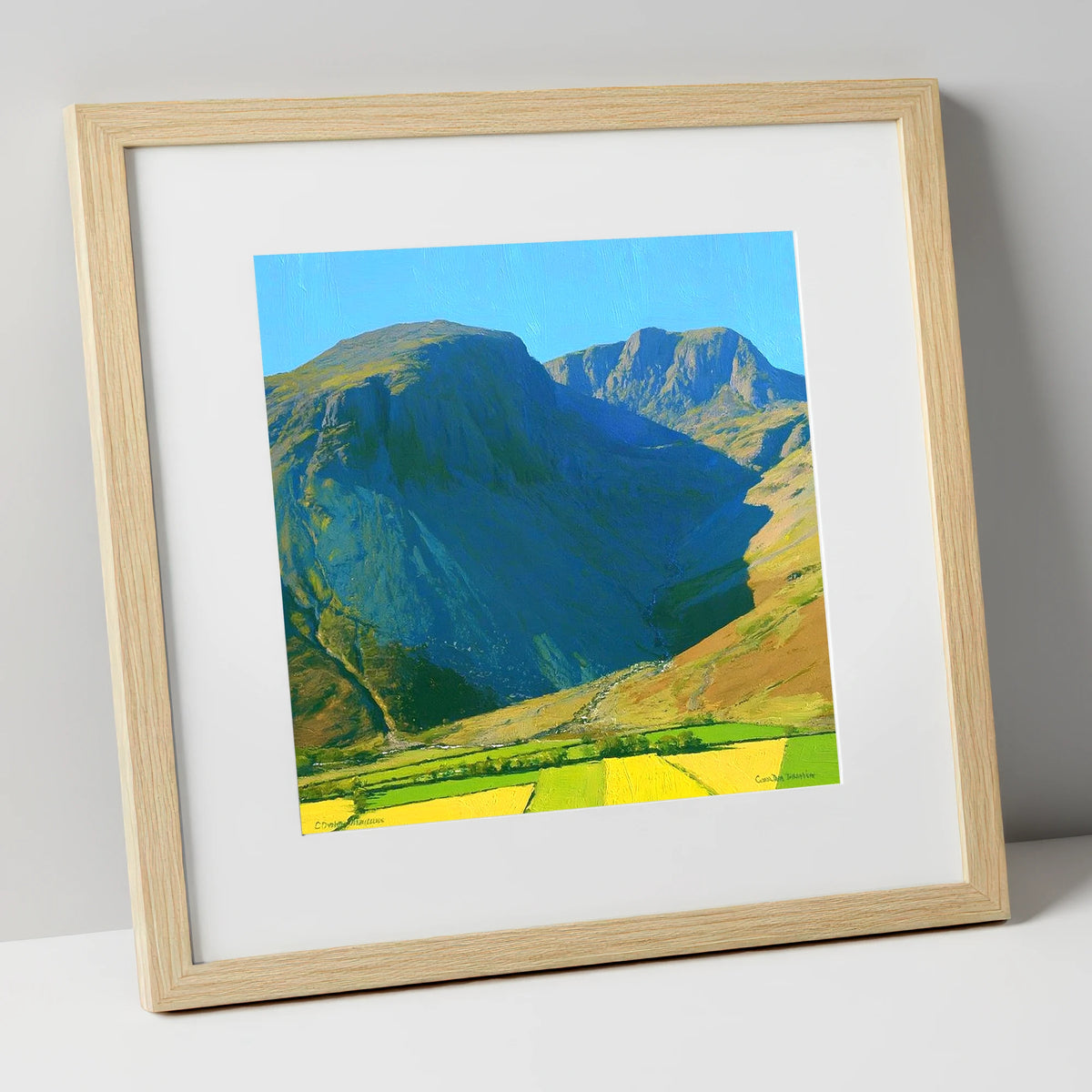 Sunlit Scafell Peaks and Ravine lake district fell art print in natural frame