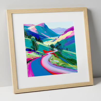 Vivid Winding Mountain Pass lake district valley art print in natural frame