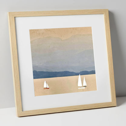 White Sails on Misty Windermere lake district lake art print in natural frame