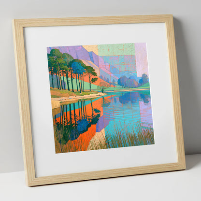 Bold Pine Tree Reflections lake district lake art print in natural frame