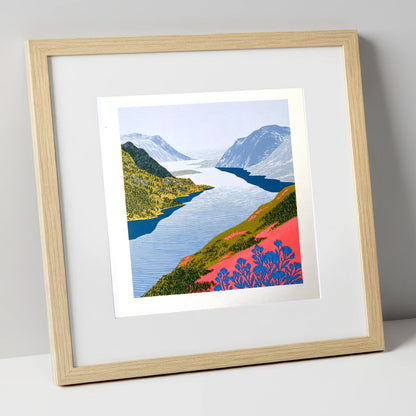 Graphic Lake And Fells In Coral lake district lake art print in natural frame