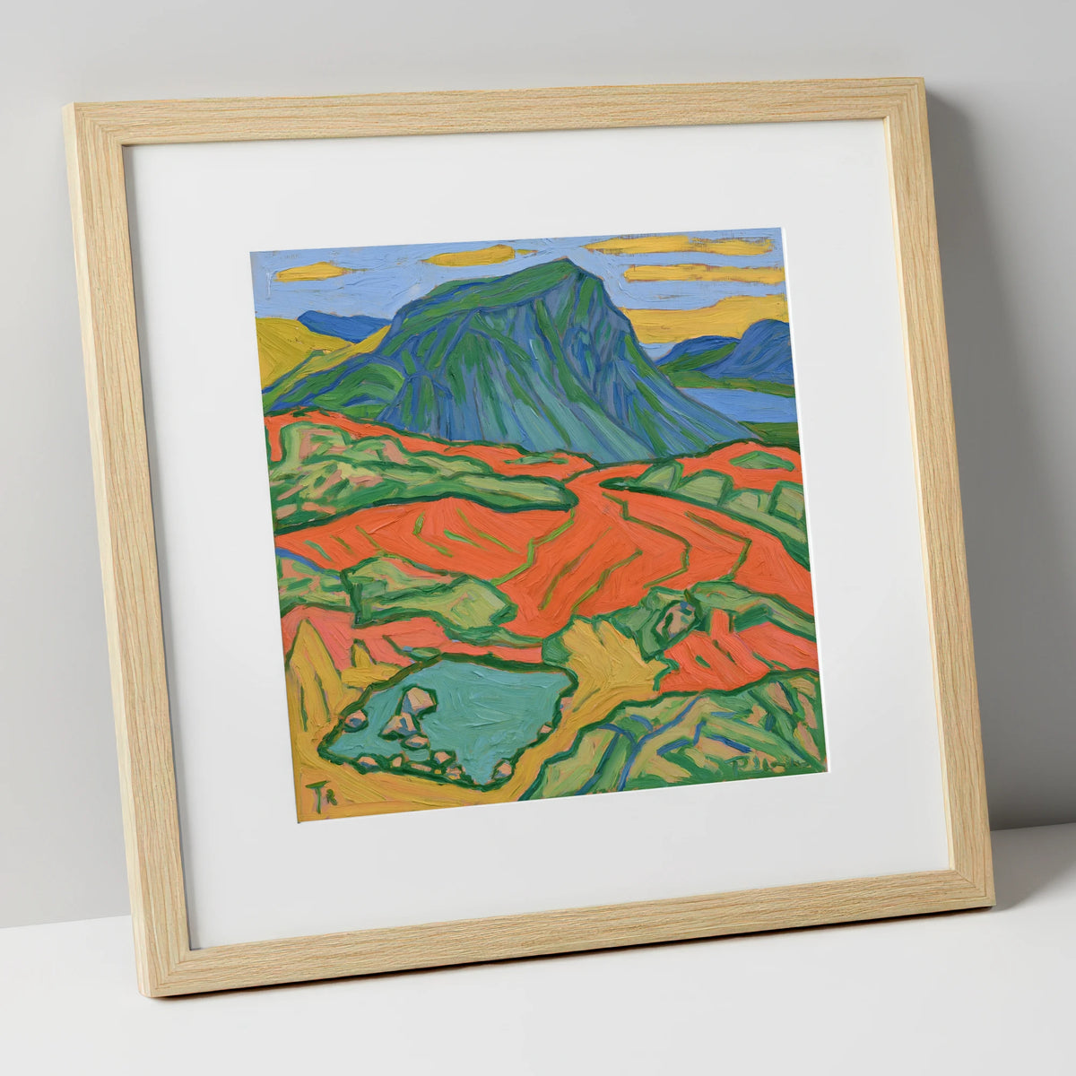 Vivid Haystacks Fell and Tarn lake district fell art print in natural frame
