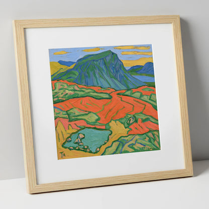 Vivid Haystacks Fell and Tarn lake district fell art print in natural frame