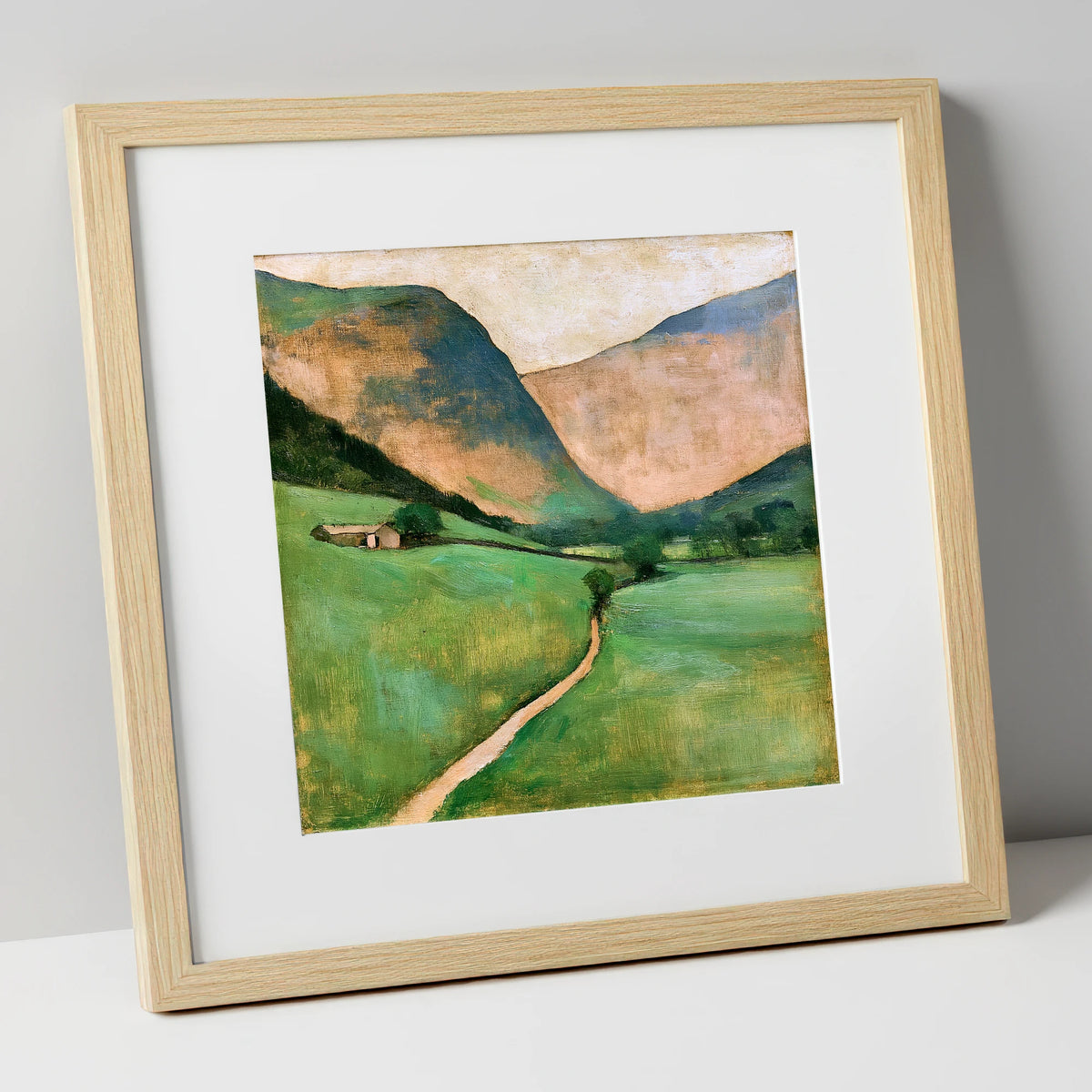 Green Valley Beneath Warm Fells lake district valley art print in natural frame