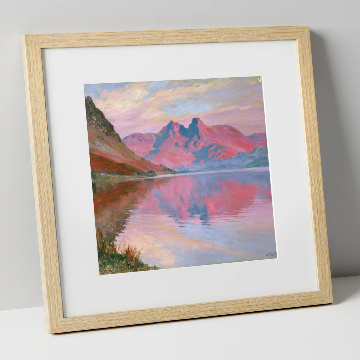 Radiant Sunset at Loweswater lake district lake art print in natural frame