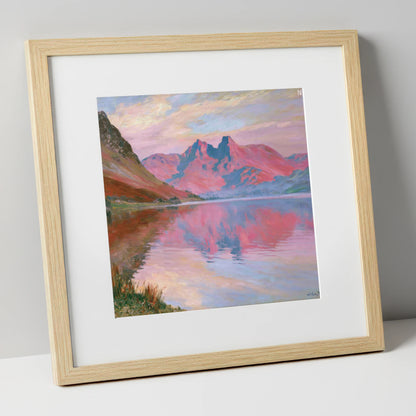 Radiant Sunset at Loweswater lake district lake art print in natural frame