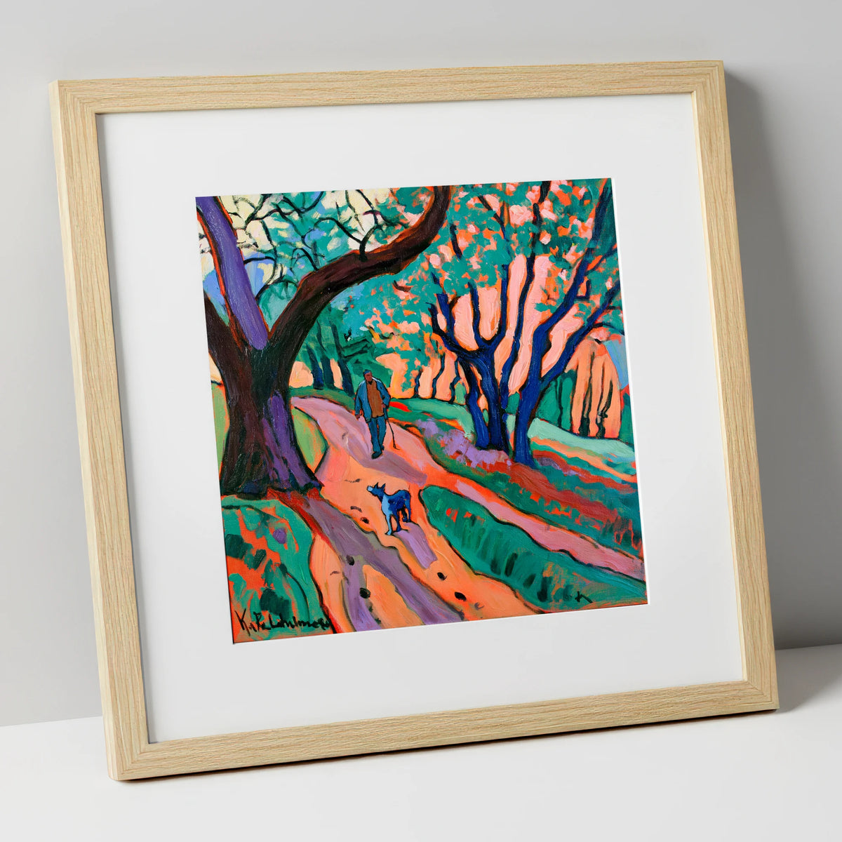 Vibrant Ambleside Woodland Dog Walk gifts for dog walkers art print in natural frame