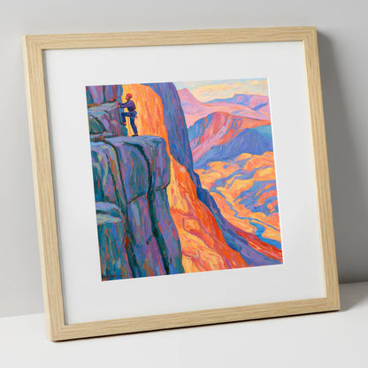 Vibrant Rock Climber on Sunset Crag lake district walking art print in natural frame