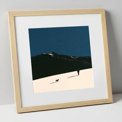 Silhouetted Dog Walker on Skiddaw gifts for dog walkers art print in natural frame