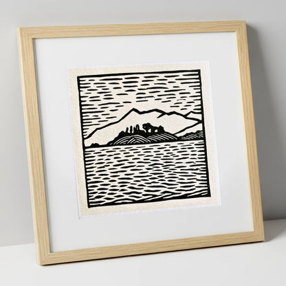 Bold Monochrome Derwentwater Island lake district lake art print in natural frame
