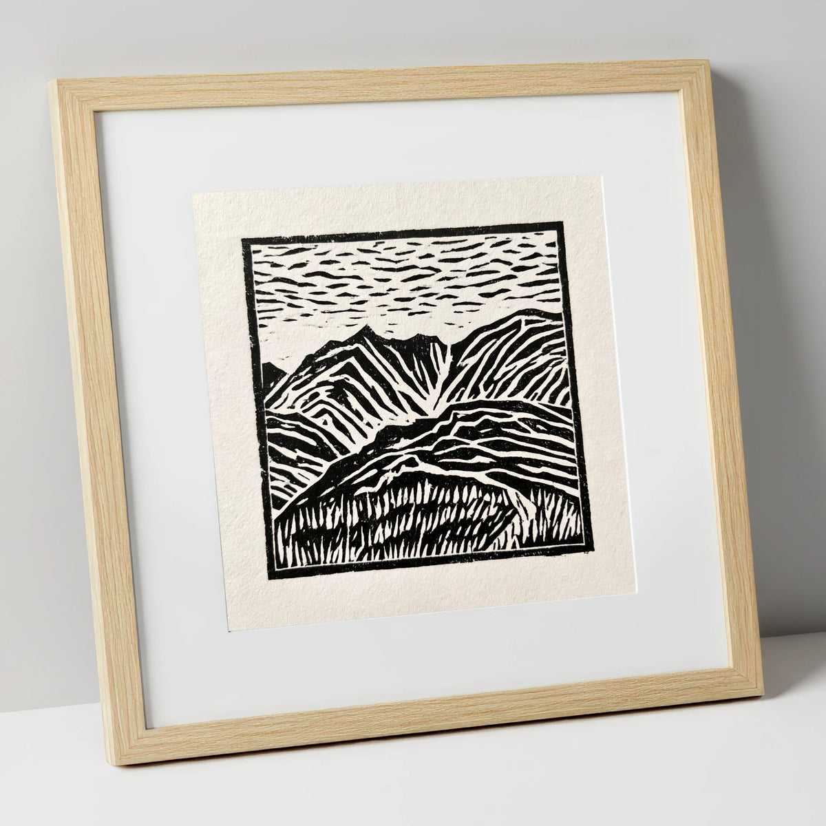 Graphic Mountain Summit View lake district fell art print in natural frame
