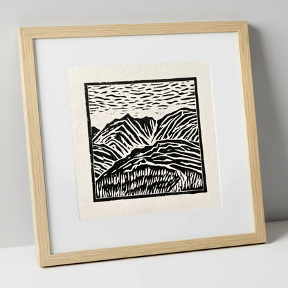 Graphic Mountain Summit View lake district fell art print in natural frame