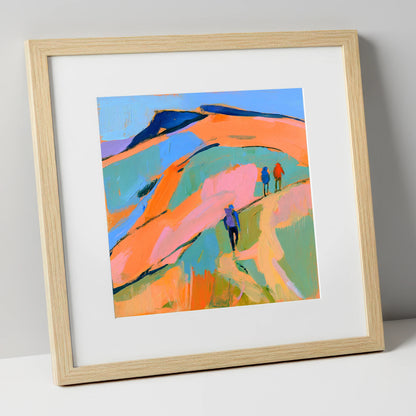 Orange and Blue Fell Hikers lake district fell art print in natural frame