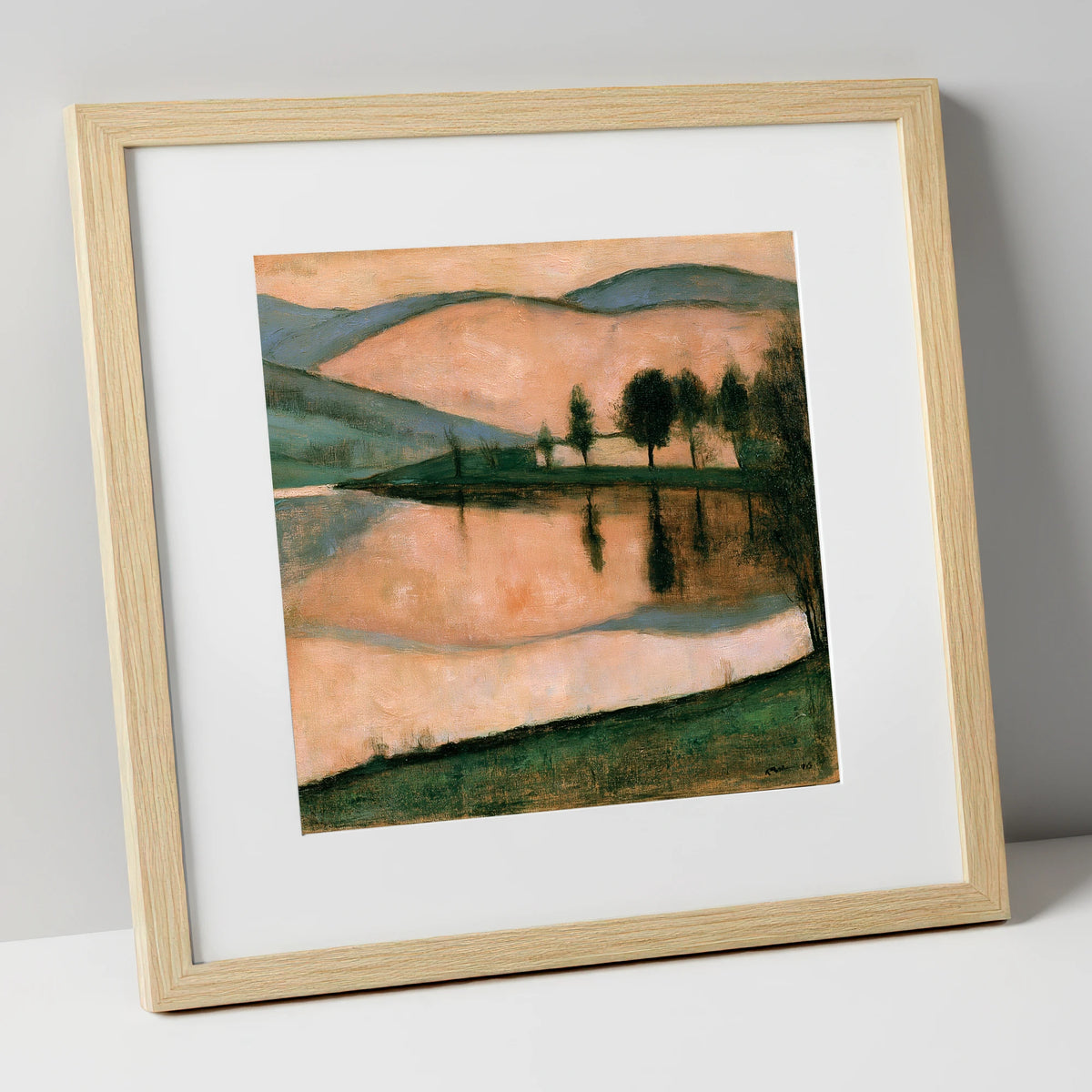 Terracotta Dawn Over Still Lake lake district lake art print in natural frame