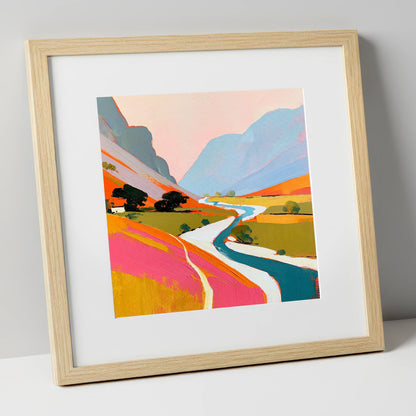 Vibrant River Winding Through Fells lake district waterfall art print in natural frame