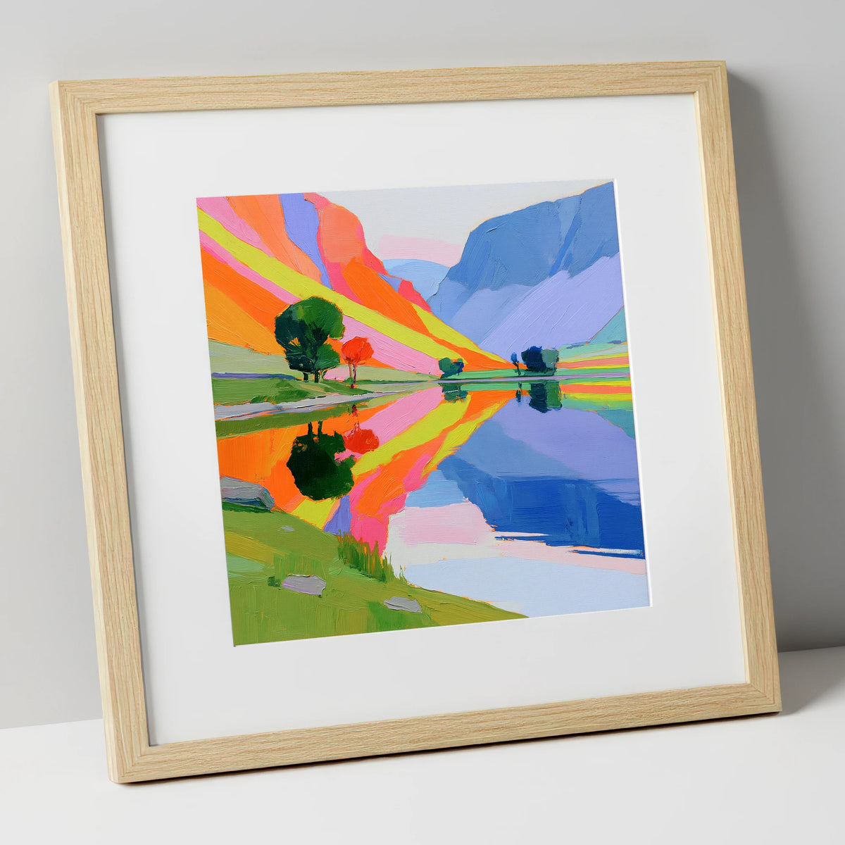 Bright Fells Reflected in Calm Lake lake district lake art print in natural frame