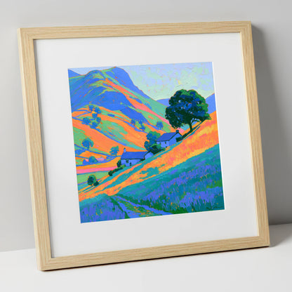 Fellside Cottages in Golden Evening Light lake district sky art print in natural frame