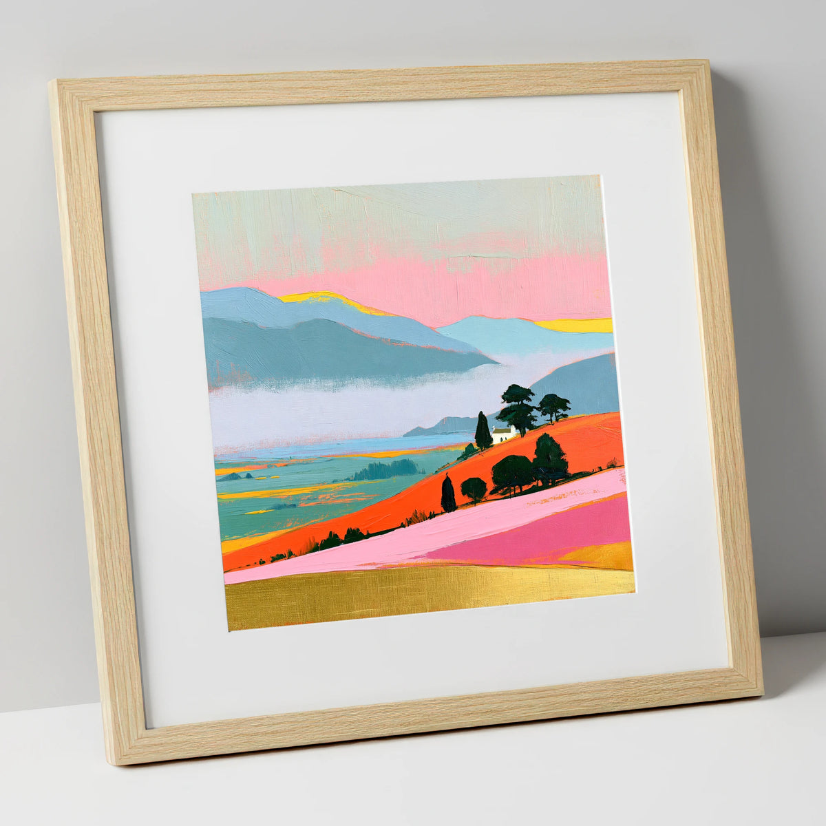 Vibrant Morning Valley Mist lake district sky art print in natural frame