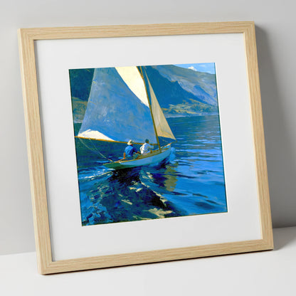 Sailboat on Deep Cobalt Waters lake district walking art print in natural frame