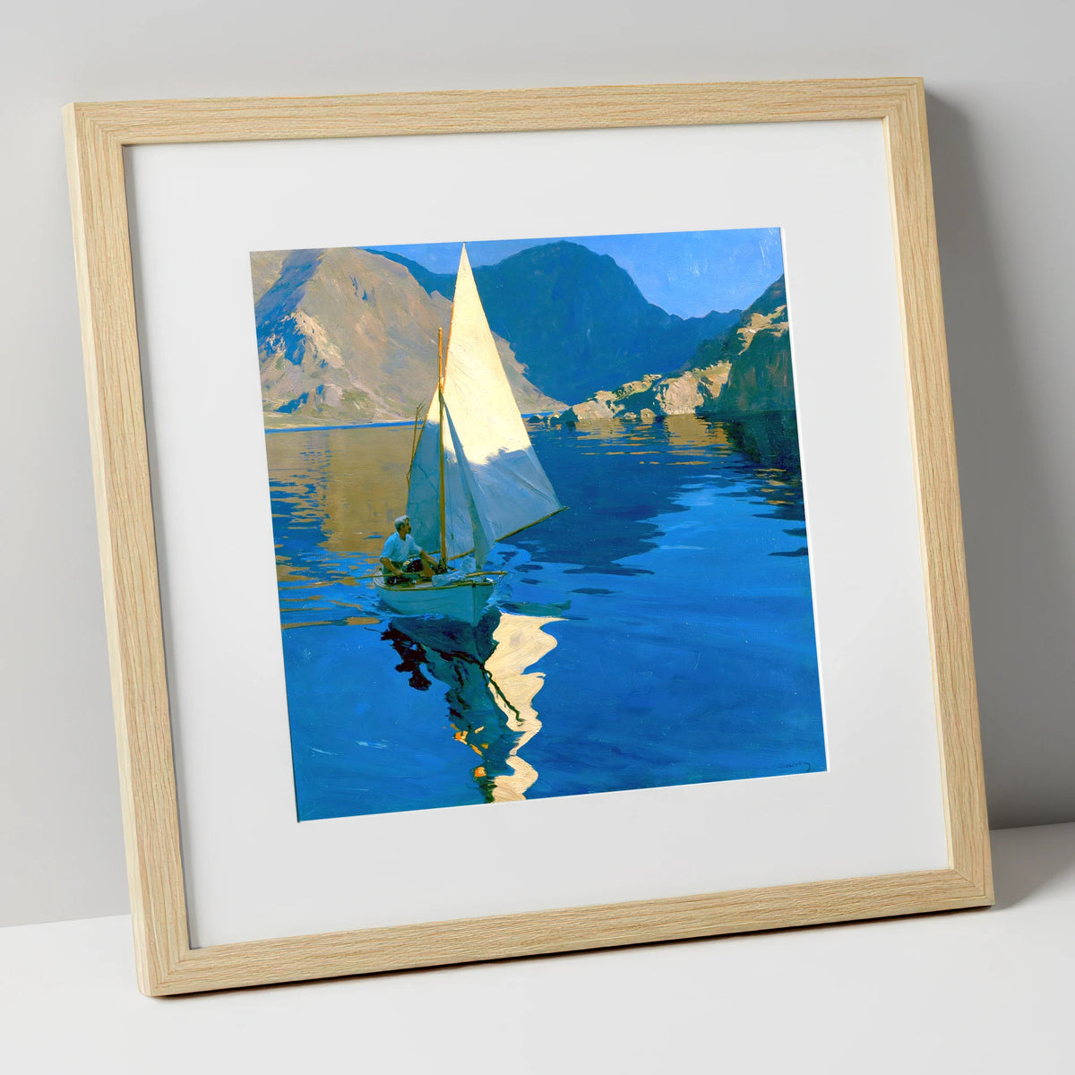Sunlit Sailboat on a Breezy Lake lake district walking art print in natural frame