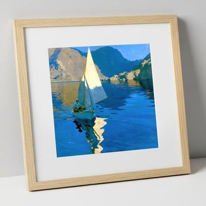 Sunlit Sailboat on a Breezy Lake lake district walking art print in natural frame