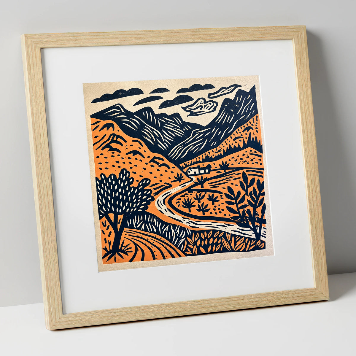 Terracotta And Navy Eskdale Valley lake district valley art print in natural frame
