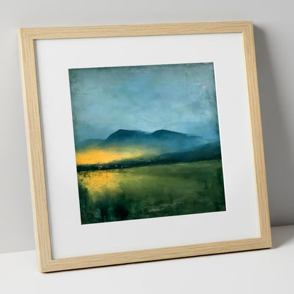 Golden Mist Below Dark Fells lake district sky art print in natural frame