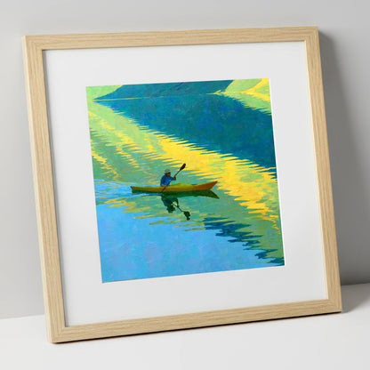 Kayaker on Vibrant Golden Water Reflections lake district walking art print in natural frame