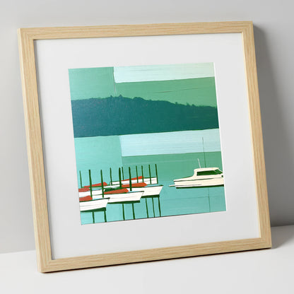 Moored Boats on a Teal Windermere lake district lake art print in natural frame