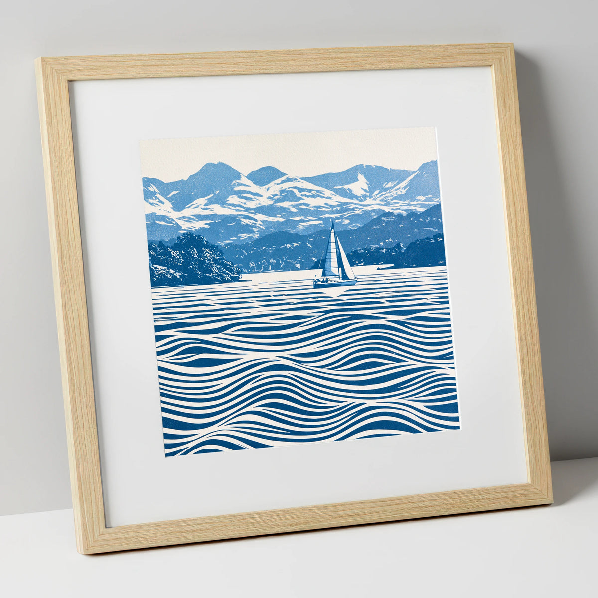 Windermere Sailboat in Cobalt Blue lake district lake art print in natural frame