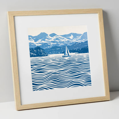 Windermere Sailboat in Cobalt Blue lake district lake art print in natural frame